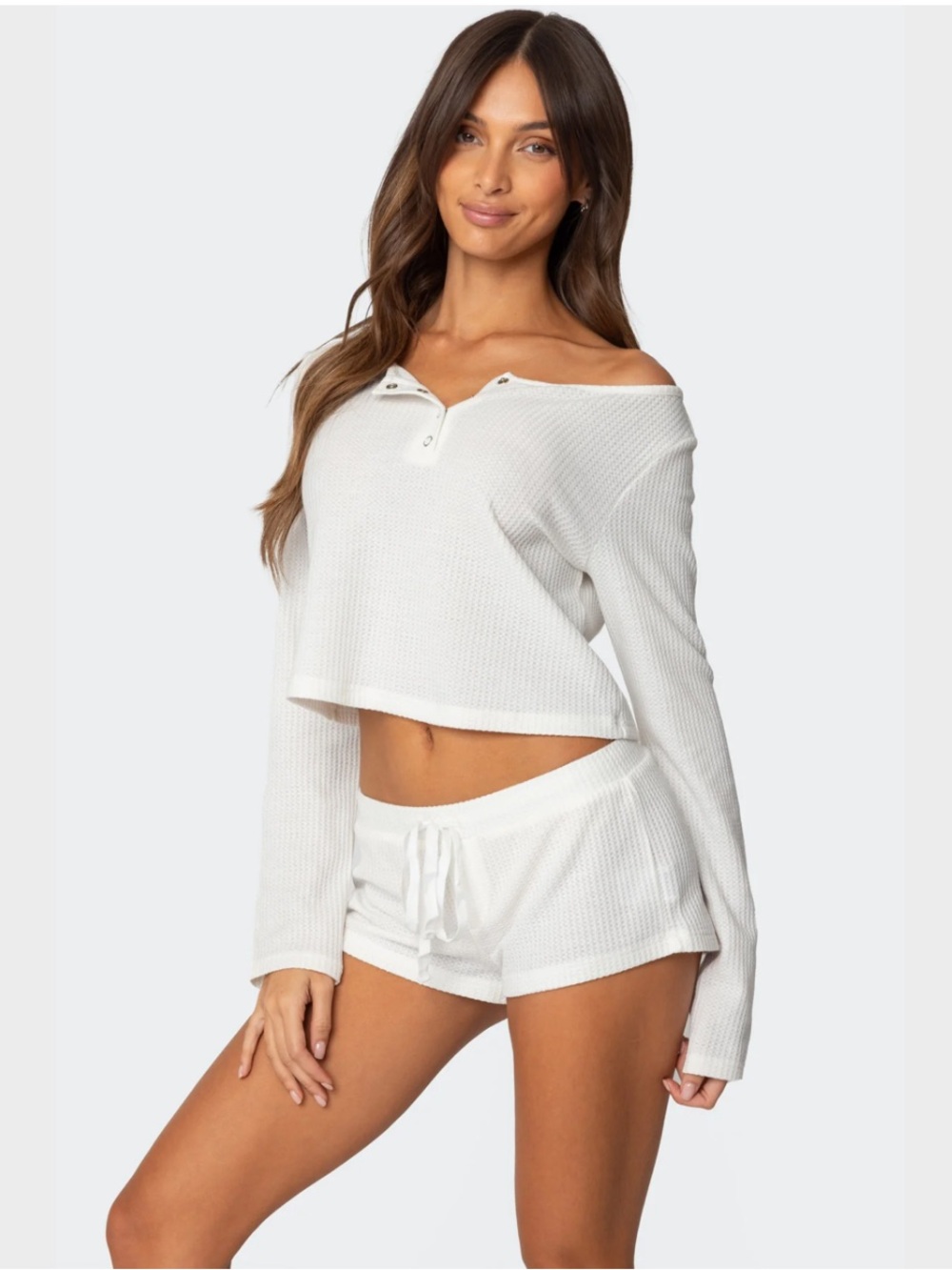 Edikted Teddy Cropped Waffle Top in White Size M - Picture 3 of 7